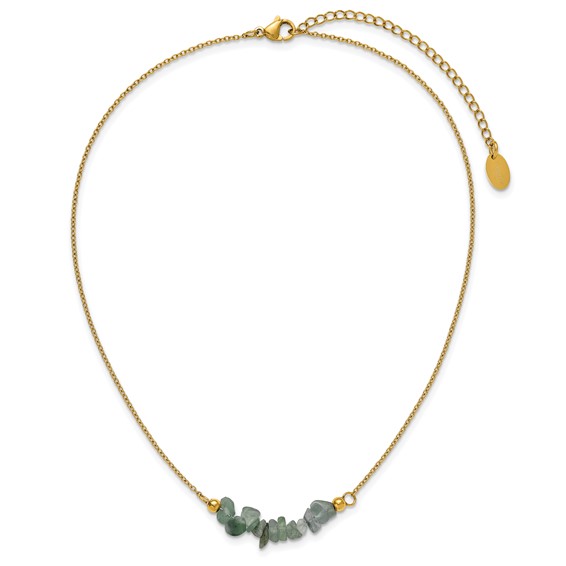 Chisel Stainless Steel Polished Yellow IP-plated Green Jade on a 15 inch Plus a 2.75 inch Extension Cable Chain Necklace
