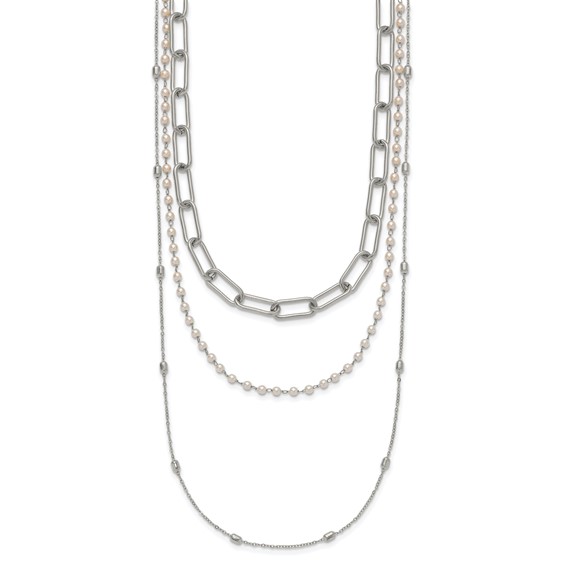 "Chisel Stainless Steel Polished Paperclip Link, Beaded Chain and with White Freshwater Cultured Pearl Layered 13.5 inch Plus a 2 inch Extension Necklace"