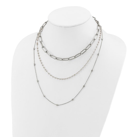 "Chisel Stainless Steel Polished Paperclip Link, Beaded Chain and with White Freshwater Cultured Pearl Layered 13.5 inch Plus a 2 inch Extension Necklace"