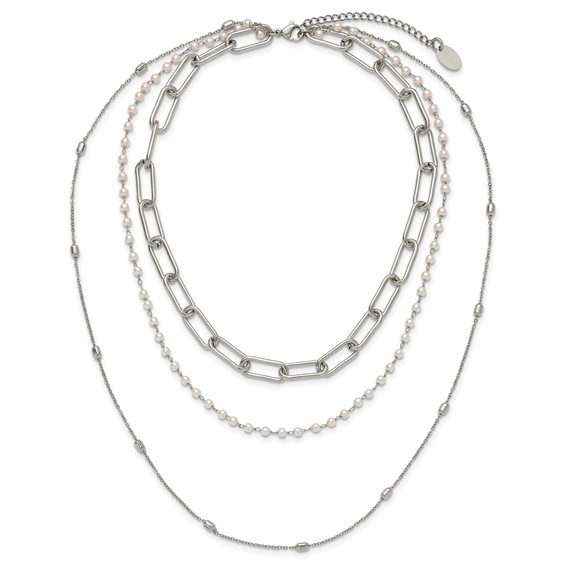 "Chisel Stainless Steel Polished Paperclip Link, Beaded Chain and with White Freshwater Cultured Pearl Layered 13.5 inch Plus a 2 inch Extension Necklace"