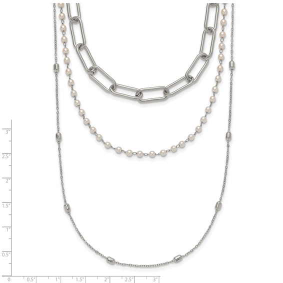 "Chisel Stainless Steel Polished Paperclip Link, Beaded Chain and with White Freshwater Cultured Pearl Layered 13.5 inch Plus a 2 inch Extension Necklace"