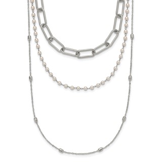 "Chisel Stainless Steel Polished Paperclip Link, Beaded Chain and with White Freshwater Cultured Pearl Layered 13.5 inch Plus a 2 inch Extension Necklace"