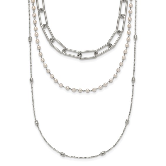 "Chisel Stainless Steel Polished Paperclip Link, Beaded Chain and with White Freshwater Cultured Pearl Layered 13.5 inch Plus a 2 inch Extension Necklace"