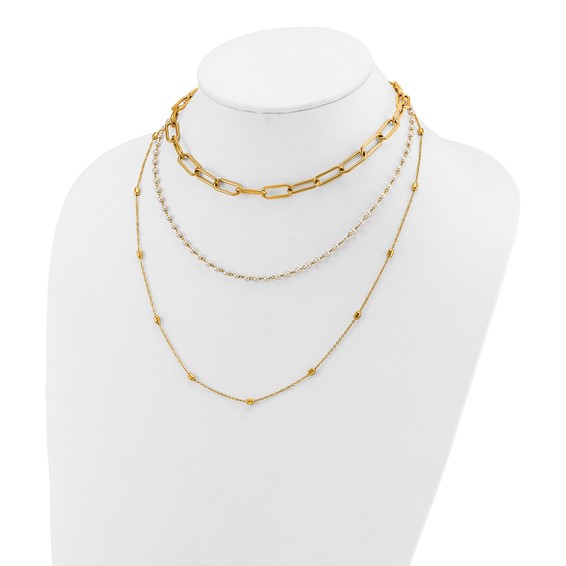 "Chisel Stainless Steel Polished Yellow IP-plated Paperclip Link, Beaded Chain and White Freshwater Cultured Pearl Layered 13.5 inch Plus a 2 inch Extension Necklace  "