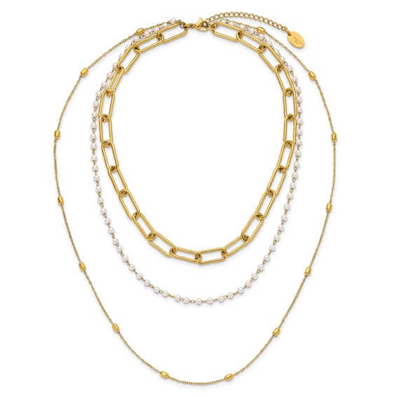 "Chisel Stainless Steel Polished Yellow IP-plated Paperclip Link, Beaded Chain and White Freshwater Cultured Pearl Layered 13.5 inch Plus a 2 inch Extension Necklace  "