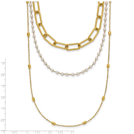 "Chisel Stainless Steel Polished Yellow IP-plated Paperclip Link, Beaded Chain and White Freshwater Cultured Pearl Layered 13.5 inch Plus a 2 inch Extension Necklace  "