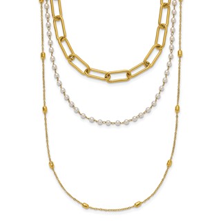 "Chisel Stainless Steel Polished Yellow IP-plated Paperclip Link, Beaded Chain and White Freshwater Cultured Pearl Layered 13.5 inch Plus a 2 inch Extension Necklace  "
