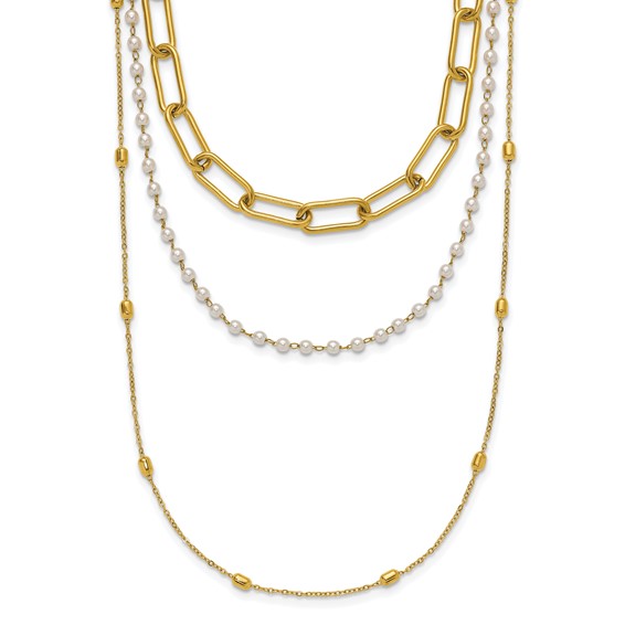"Chisel Stainless Steel Polished Yellow IP-plated Paperclip Link, Beaded Chain and White Freshwater Cultured Pearl Layered 13.5 inch Plus a 2 inch Extension Necklace  "