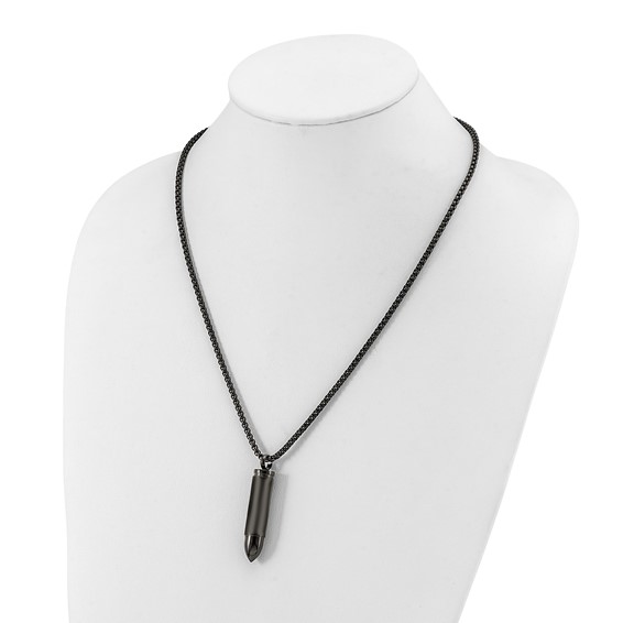 Chisel Stainless Steel Brushed and Polished Black IP-plated Bullet Capsule Pendant on a 22 inch Box Chain Necklace