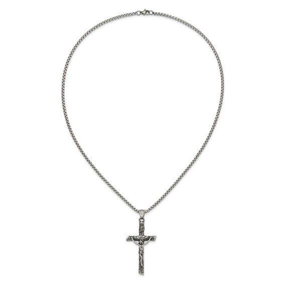 Chisel Stainless Steel Antiqued and Polished INRI Crucifix Pendant on a 22 inch Box Chain Necklace