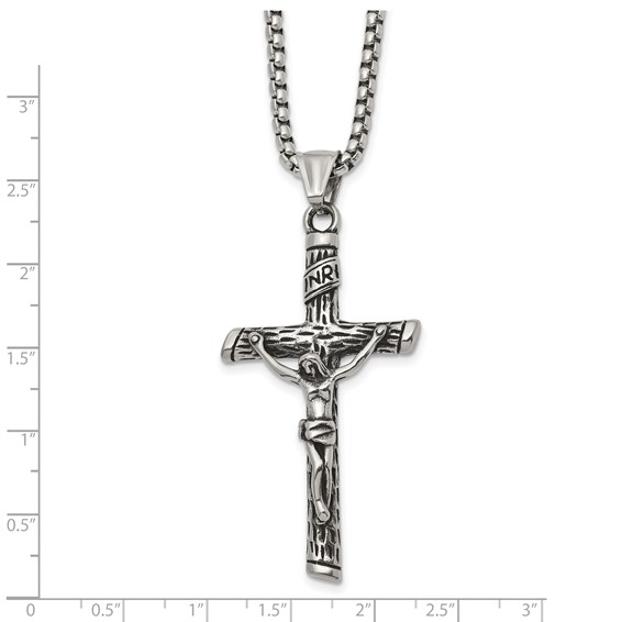 Chisel Stainless Steel Antiqued and Polished INRI Crucifix Pendant on a 22 inch Box Chain Necklace