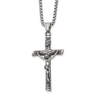 Chisel Stainless Steel Antiqued and Polished INRI Crucifix Pendant on a 22 inch Box Chain Necklace