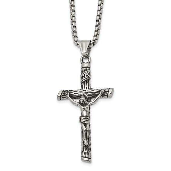 Chisel Stainless Steel Antiqued and Polished INRI Crucifix Pendant on a 22 inch Box Chain Necklace