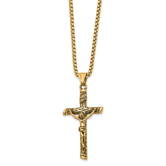 Chisel Stainless Steel Antiqued and Polished Yellow IP-plated INRI Crucifix Pendant on a 22 inch Box Chain Necklace