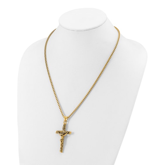 Chisel Stainless Steel Antiqued and Polished Yellow IP-plated INRI Crucifix Pendant on a 22 inch Box Chain Necklace