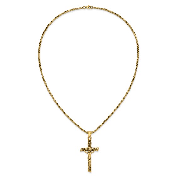 Chisel Stainless Steel Antiqued and Polished Yellow IP-plated INRI Crucifix Pendant on a 22 inch Box Chain Necklace