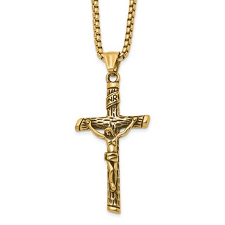 Chisel Stainless Steel Antiqued and Polished Yellow IP-plated INRI Crucifix Pendant on a 22 inch Box Chain Necklace