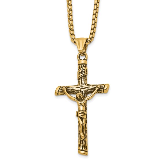 Chisel Stainless Steel Antiqued and Polished Yellow IP-plated INRI Crucifix Pendant on a 22 inch Box Chain Necklace