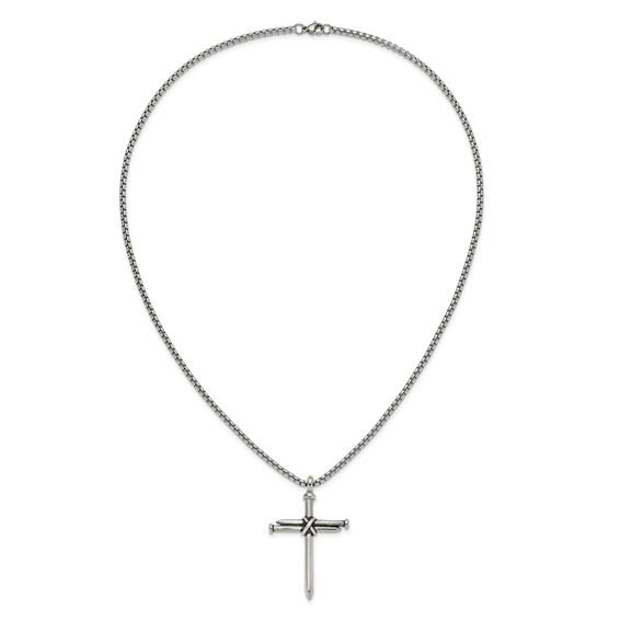 Chisel Stainless Steel Polished Antiqued and Polished Cross of Nails Pendant on a 22 inch Box Chain Necklace