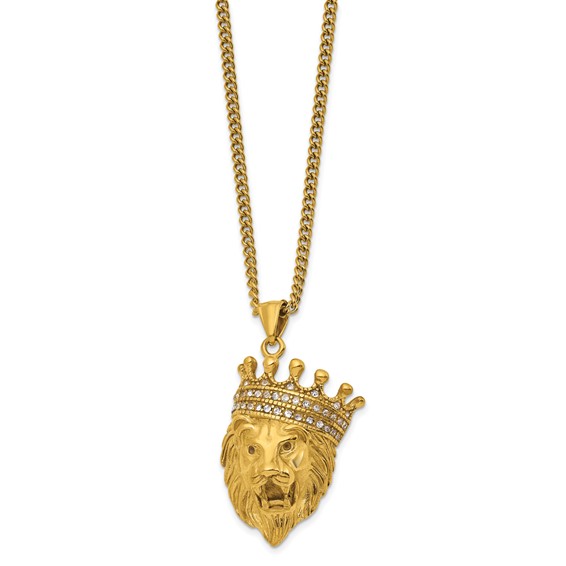 Chisel Stainless Steel Polished Yellow IP-plated with CZ Crown Lion Pendant on a 22 inch Plus a 1.75 inch Extension Curb Chain Necklace