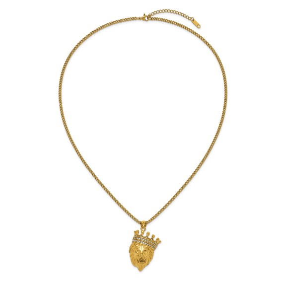 Chisel Stainless Steel Polished Yellow IP-plated with CZ Crown Lion Pendant on a 22 inch Plus a 1.75 inch Extension Curb Chain Necklace