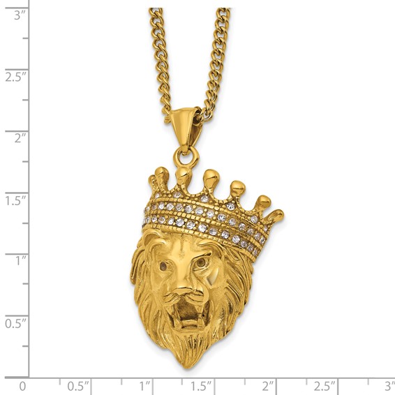 Chisel Stainless Steel Polished Yellow IP-plated with CZ Crown Lion Pendant on a 22 inch Plus a 1.75 inch Extension Curb Chain Necklace