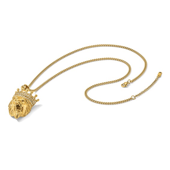 Chisel Stainless Steel Polished Yellow IP-plated with CZ Crown Lion Pendant on a 22 inch Plus a 1.75 inch Extension Curb Chain Necklace
