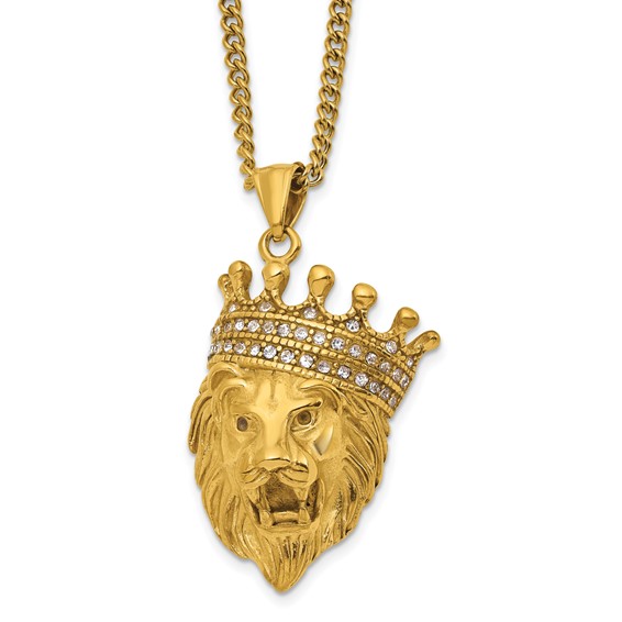 Chisel Stainless Steel Polished Yellow IP-plated with CZ Crown Lion Pendant on a 22 inch Plus a 1.75 inch Extension Curb Chain Necklace