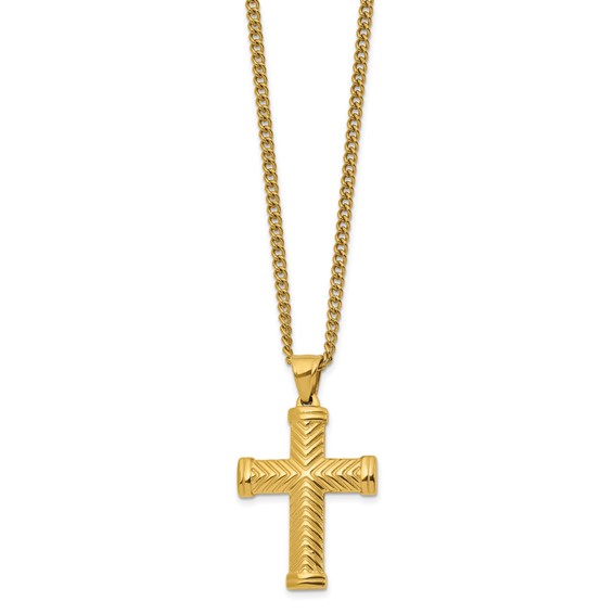 Chisel Stainless Steel Polished Yellow IP-plated Cross Pendant on a 22 inch Plus a 2 inch Curb Chain Necklace