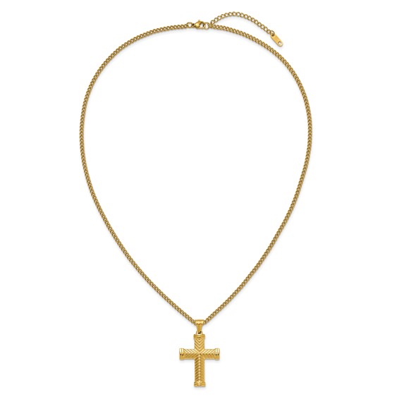 Chisel Stainless Steel Polished Yellow IP-plated Cross Pendant on a 22 inch Plus a 2 inch Curb Chain Necklace