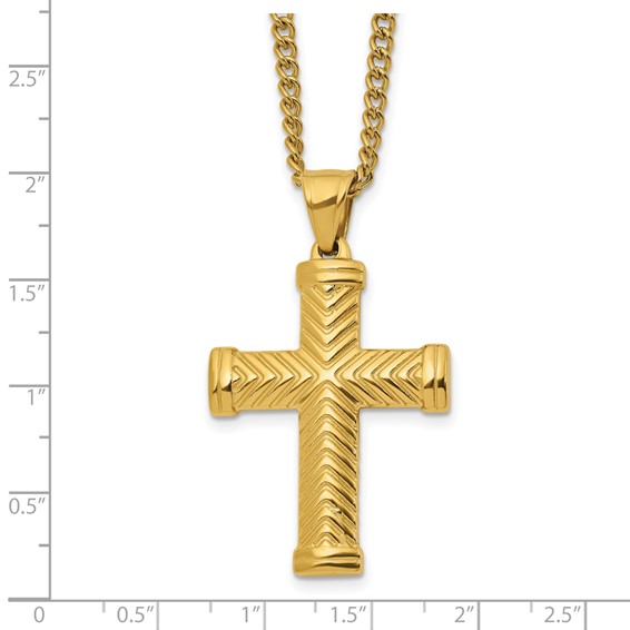 Chisel Stainless Steel Polished Yellow IP-plated Cross Pendant on a 22 inch Plus a 2 inch Curb Chain Necklace