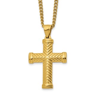 Chisel Stainless Steel Polished Yellow IP-plated Cross Pendant on a 22 inch Plus a 2 inch Curb Chain Necklace