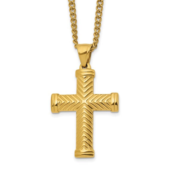 Chisel Stainless Steel Polished Yellow IP-plated Cross Pendant on a 22 inch Plus a 2 inch Curb Chain Necklace
