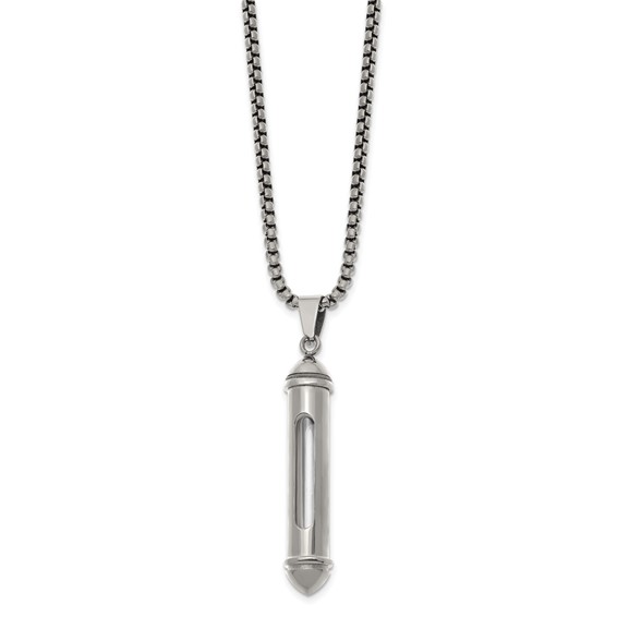 Chisel Stainless Steel Polished Bullet with Clear Vial Pendant on a 22 inch Box Chain Necklace
