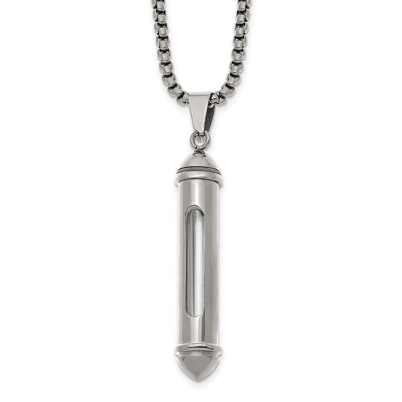 Chisel Stainless Steel Polished Bullet with Clear Vial Pendant on a 22 inch Box Chain Necklace
