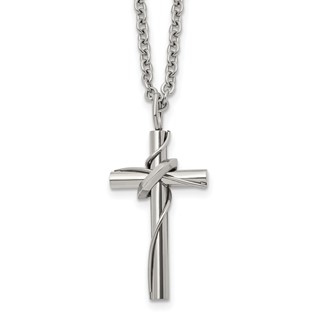 Chisel Stainless Steel Polished Cross with Moving Ring Pendant on an 18 inch Plus a 2 inch Extension Cable Chain Necklace