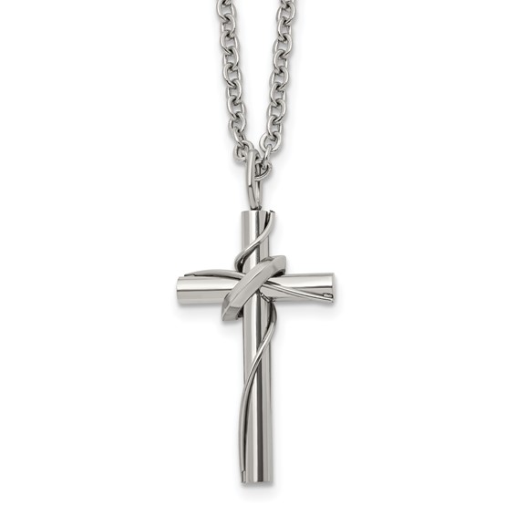 Chisel Stainless Steel Polished Cross with Moving Ring Pendant on an 18 inch Plus a 2 inch Extension Cable Chain Necklace