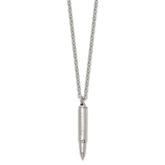 Chisel Stainless Steel Polished Bullet Capsule Pendant on a 20 inch Plus 2 inch Extension Cable Chain Necklace
