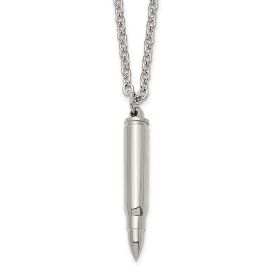 Chisel Stainless Steel Polished Bullet Capsule Pendant on a 20 inch Plus 2 inch Extension Cable Chain Necklace