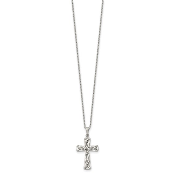 Chisel Stainless Steel Polished Cross with Ichthus Pattern Pendant on an 18 inch Plus a 2 inch Extension Cable Chain Necklace