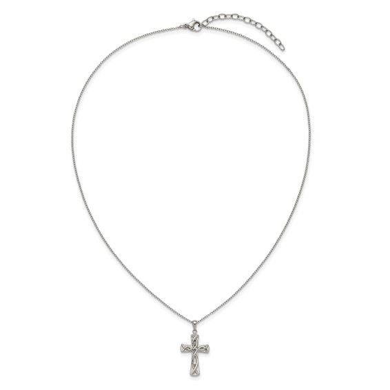 Chisel Stainless Steel Polished Cross with Ichthus Pattern Pendant on an 18 inch Plus a 2 inch Extension Cable Chain Necklace