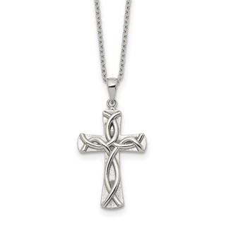 Chisel Stainless Steel Polished Cross with Ichthus Pattern Pendant on an 18 inch Plus a 2 inch Extension Cable Chain Necklace