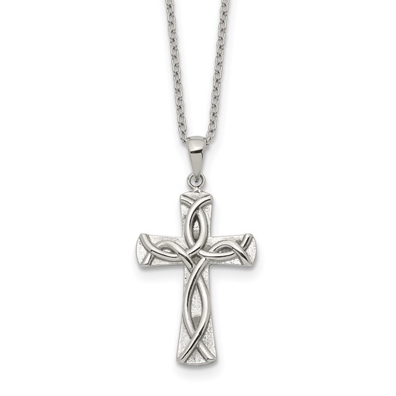 Chisel Stainless Steel Polished Cross with Ichthus Pattern Pendant on an 18 inch Plus a 2 inch Extension Cable Chain Necklace