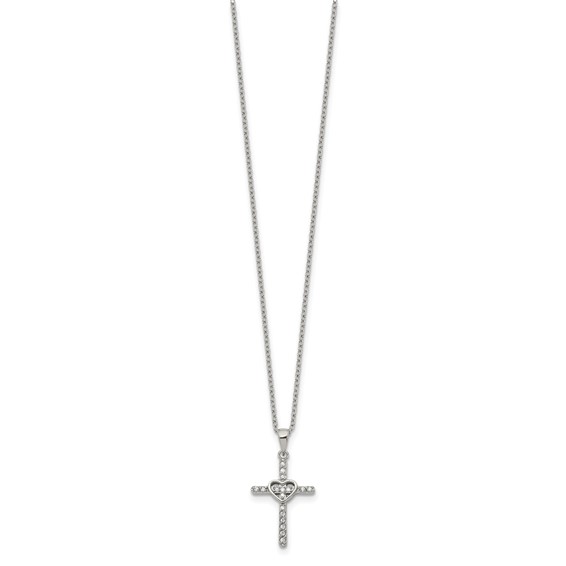 Chisel Stainless Steel Polished with CZ Cross with Heart Pendant on an 18 inch Plus 2 inch Extension Cable Chain Necklace
