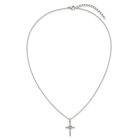 Chisel Stainless Steel Polished with CZ Cross with Heart Pendant on an 18 inch Plus 2 inch Extension Cable Chain Necklace