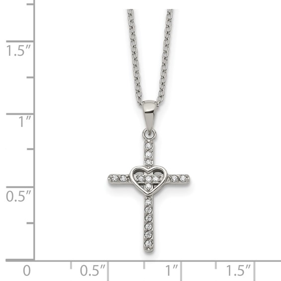 Chisel Stainless Steel Polished with CZ Cross with Heart Pendant on an 18 inch Plus 2 inch Extension Cable Chain Necklace