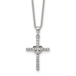 Chisel Stainless Steel Polished with CZ Cross with Heart Pendant on an 18 inch Plus 2 inch Extension Cable Chain Necklace