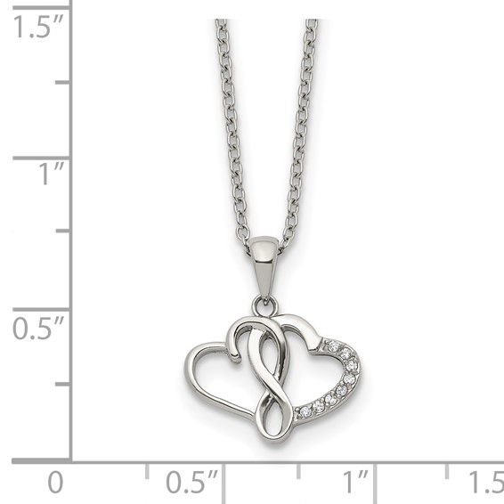 Chisel Stainless Steel Polished CZ Infinity Double Hearts Pendant on an 18 inch Plus a 2 inch Extension Cable Chain Necklace