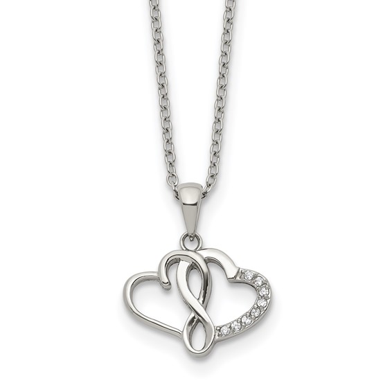 Chisel Stainless Steel Polished CZ Infinity Double Hearts Pendant on an 18 inch Plus a 2 inch Extension Cable Chain Necklace