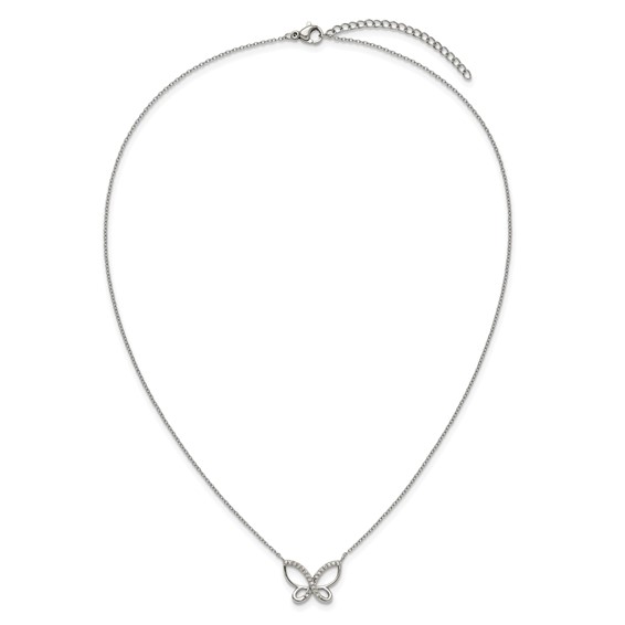 Chisel Stainless Steel Polished CZ Butterfly Pendant on an 18 inch Plus a 2 inch Extension Cable Chain Necklace